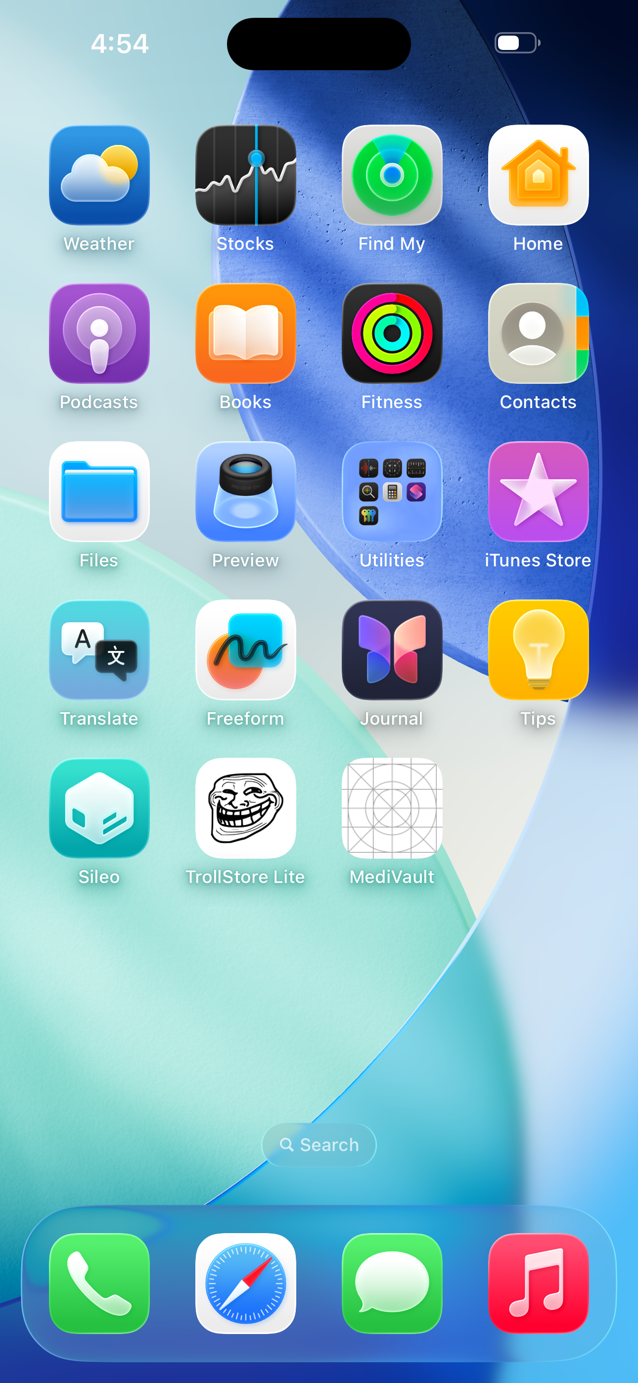 SpringBoard showing Sileo, TrollStore Lite, and MediVault