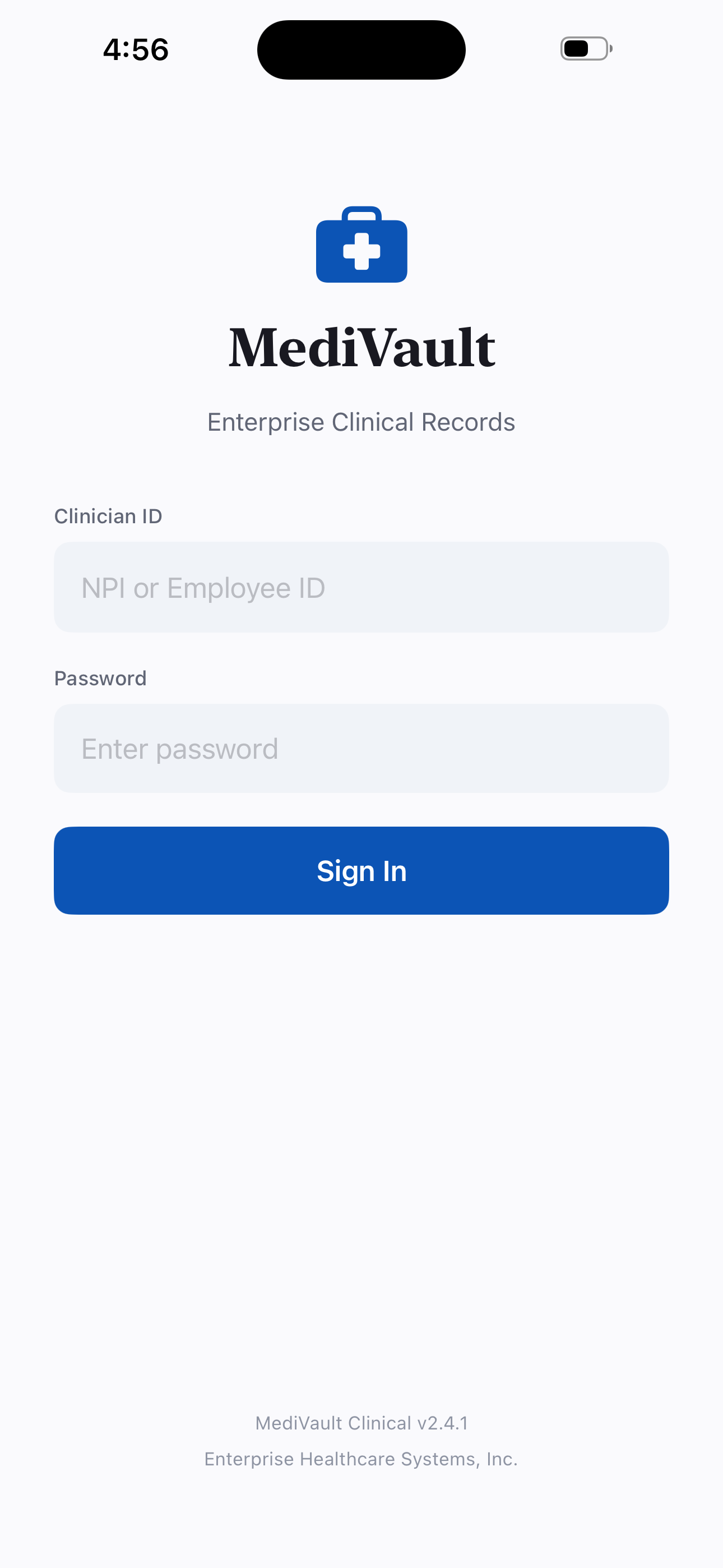 MediVault login screen with Clinician ID field