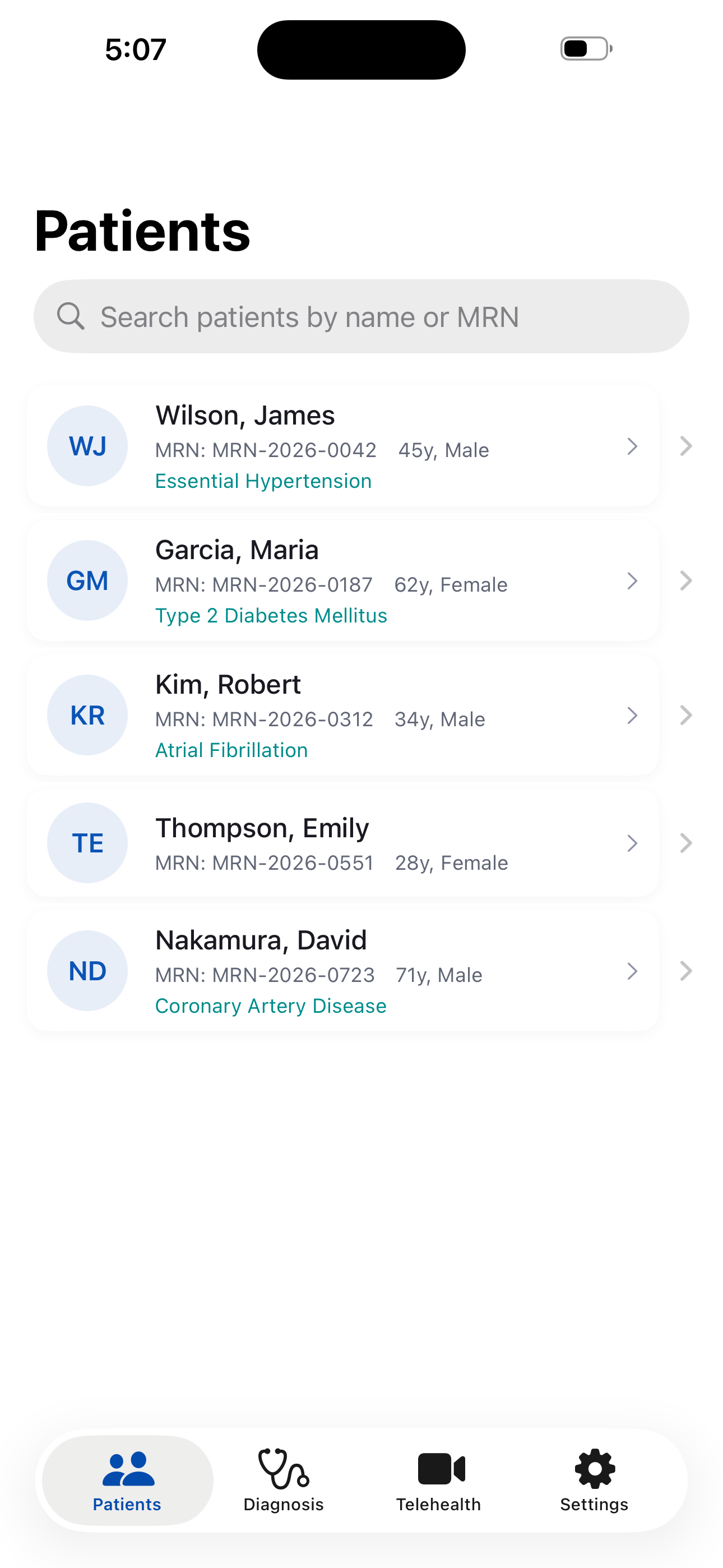 MediVault Patients list after mock login